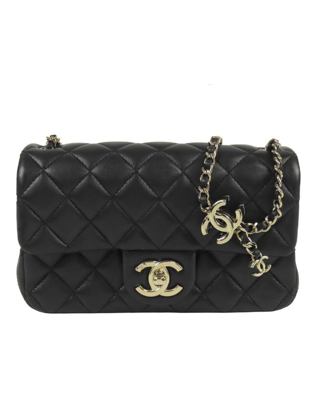 Chanel Chain Shoulder Bag Black Gold Lambskin Mini Quilted CC Logo Aja Star